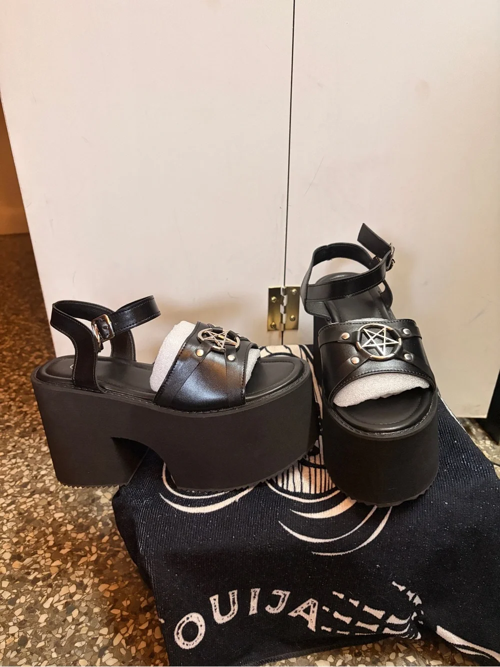 Chunky Black Platform Ankle-Strap Sandals with Pentagram Accent